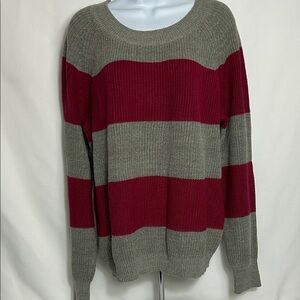 BCBG Gray Red Knit Horizontal Stripes Women’s Size Large Sweater 70’s Style Top